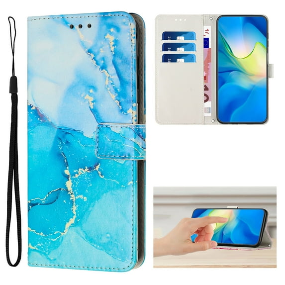 for Samsung Galaxy S22 Wallet Case with Card Holder,Women Men RFID Blocking PU Leather Flip Cover Wrist Strap Magnetic Closure Credit Card Slots Marble Patterned Book Style Phone Case,Blue