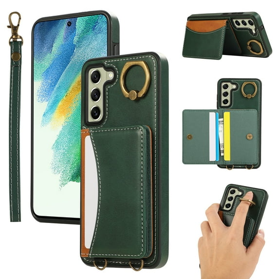 for Samsung Galaxy S22 Wallet Case with Card Slots, Hand Wrist Strap Rotate Ring Design, Finger Grip Ring PU Leather Magnetic Button Shockproof Purse Phone Cover for Galaxy S22, Green