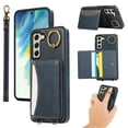 thumbnail image 1 of for Samsung Galaxy S22 Wallet Case with Card Slots, Hand Wrist Strap Rotate Ring Design, Finger Grip Ring PU Leather Magnetic Button Shockproof Purse Phone Cover for Galaxy S22, Blue, 1 of 7