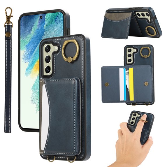 for Samsung Galaxy S22 Wallet Case with Card Slots, Hand Wrist Strap Rotate Ring Design, Finger Grip Ring PU Leather Magnetic Button Shockproof Purse Phone Cover for Galaxy S22, Blue