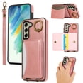 thumbnail image 1 of for Samsung Galaxy S22 Wallet Case with Card Slots, Hand Wrist Strap Rotate Ring Design, Finger Grip Ring PU Leather Magnetic Button Shockproof Purse Phone Cover for Galaxy S22, Pink, 1 of 7