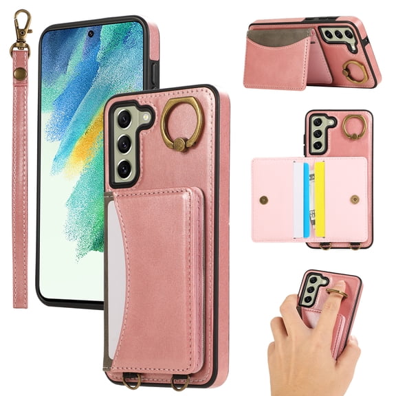 for Samsung Galaxy S22 Wallet Case with Card Slots, Hand Wrist Strap Rotate Ring Design, Finger Grip Ring PU Leather Magnetic Button Shockproof Purse Phone Cover for Galaxy S22, Pink