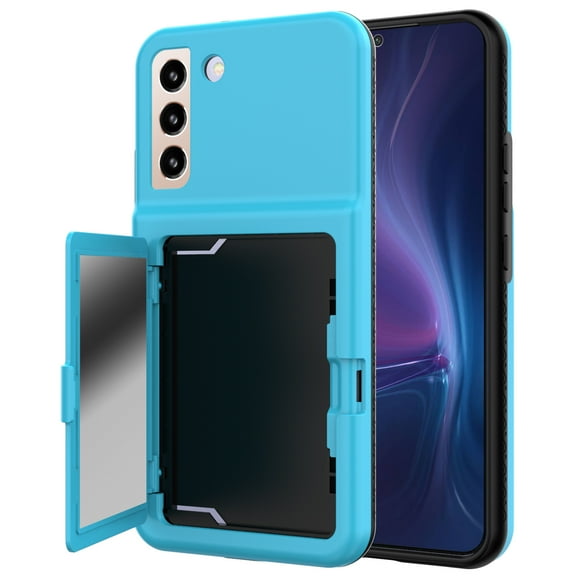 for Samsung Galaxy S22 Wallet Case Cover with Credit Card Holder & Hidden Mirror, Hybrid PC + Rubber Shockproof Anti-Slip Sleeve Dual Layer Phone Case Cover for Galaxy S22 5G 6.1", Skyblue