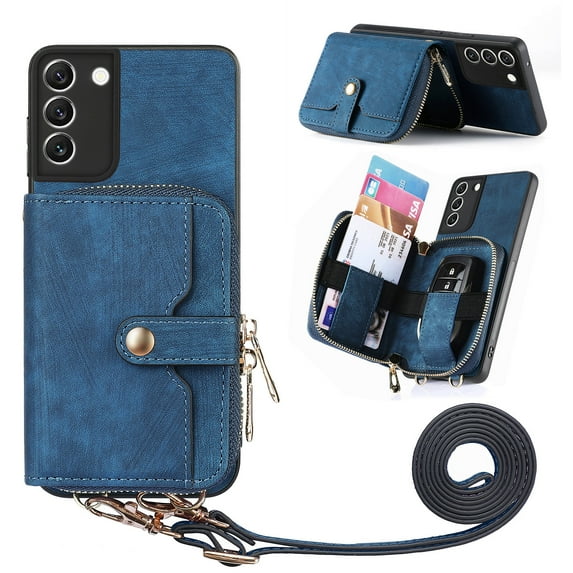 for Samsung Galaxy S22 Wallet Case, Crossbody Phone Purse with Card Holder for Women, Zipper PU Leather Carrying Cover Gift with Shoulder Strap Kickstand Anti-drop for S22 - Blue