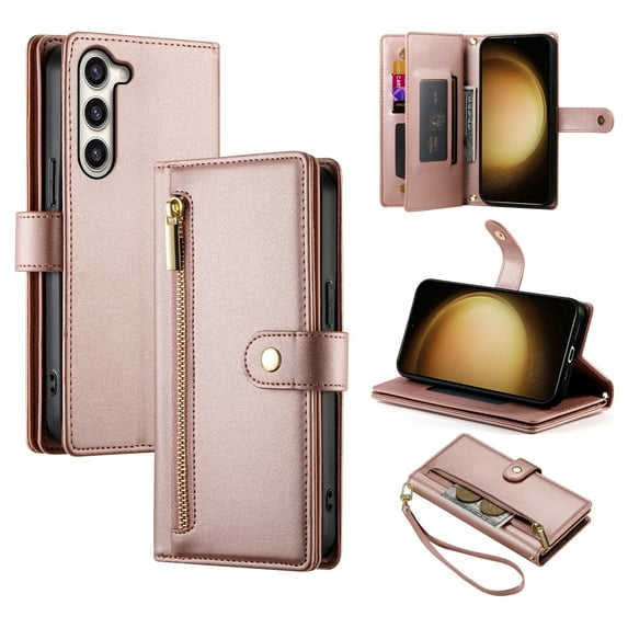 for Samsung Galaxy S22 Wallet Case with Crossbody Strap & Card Holder, Fashion Flip PU Leather Magnetic Clasp Cover for Women Men, Zipper Pocket Purse Phone Case for Samsung Galaxy S22, Pink