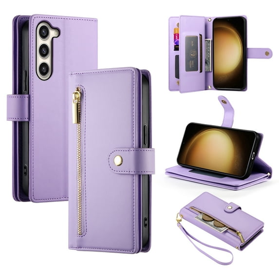 for Samsung Galaxy S22 Wallet Case with Crossbody Strap & Card Holder, Fashion Flip PU Leather Magnetic Clasp Cover for Women Men, Zipper Pocket Purse Phone Case for Samsung Galaxy S22, Purple