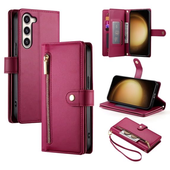 for Samsung Galaxy S22 Wallet Case with Crossbody Strap & Card Holder, Fashion Flip PU Leather Magnetic Clasp Cover for Women Men, Zipper Pocket Purse Phone Case for Samsung Galaxy S22, Red