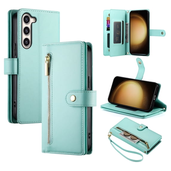 for Samsung Galaxy S22 Wallet Case with Crossbody Strap & Card Holder, Fashion Flip PU Leather Magnetic Clasp Cover for Women Men, Zipper Pocket Purse Phone Case for Samsung Galaxy S22, Mint