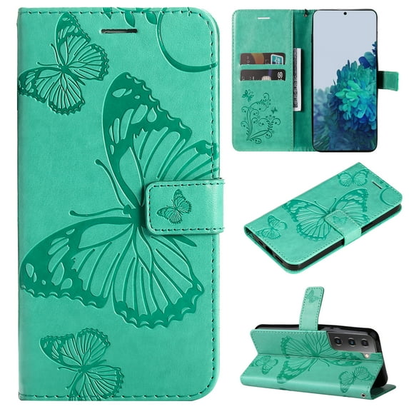 for Samsung Galaxy S22 Wallet Case, Kickstand Case with Credit Card Holder, Embossed Butterfly Pattern with Strap Premium PU Leather Magnetic Closure Shockproof Protective Flip Cover, Green