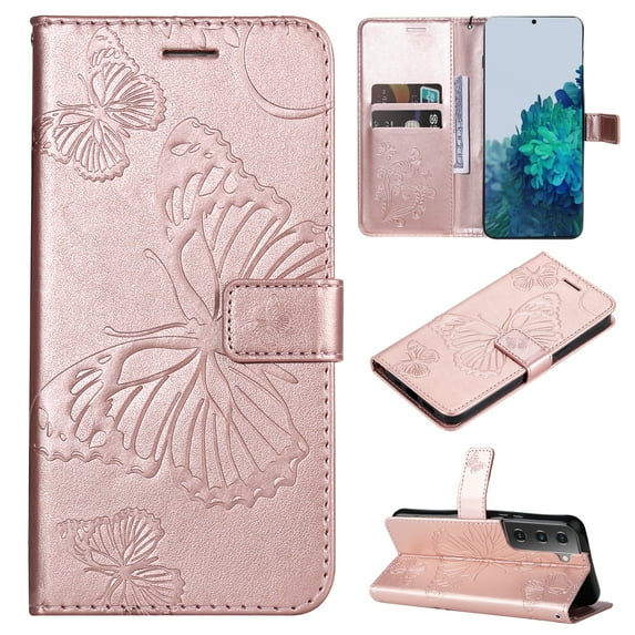for Samsung Galaxy S22 Wallet Case, Kickstand Case with Credit Card Holder, Embossed Butterfly Pattern with Strap Premium PU Leather Magnetic Closure Shockproof Protective Flip Cover, Rosegold