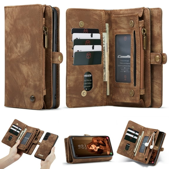 For Samsung Galaxy S22 Wallet Case,Multi-Functional Retro Leather Purse Flip Cover Zipper Wallet Case with Removable Card Slots Pocket & Detachable Wrist Strap Magnetic Phone Case, Darkbrown
