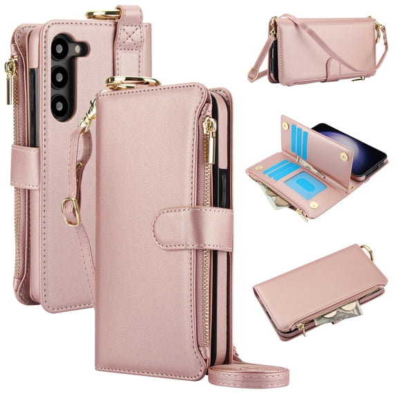 for Samsung Galaxy S22 Wallet Case, Multi-Functional Zipper Purse Case with Card Holders, RFID Blocking Full Body Case, Shoulder Strap Wristband Crossbody Cover for Samsung Galaxy S22, Rosegold
