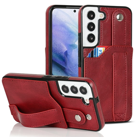 for Samsung Galaxy S22 Wallet Case with RFID Blocking Card Holder, Hand Wrist Strap Kickstand, Premium PU Leather Shockproof Anti-Scratch Heavy Duty Protection Back Cover Men Women, Red