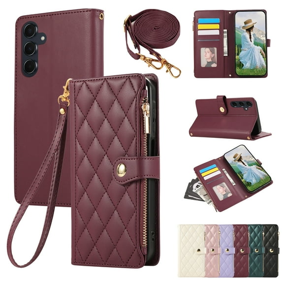for Samsung Galaxy S22 Wallet Case with Zipper Pocket Card Holder & Crossbody Lanyard Strap & Wrist Strap, Flip Stand PU Leather Magnetic Folio Purse Case for Galaxy S22, Winered
