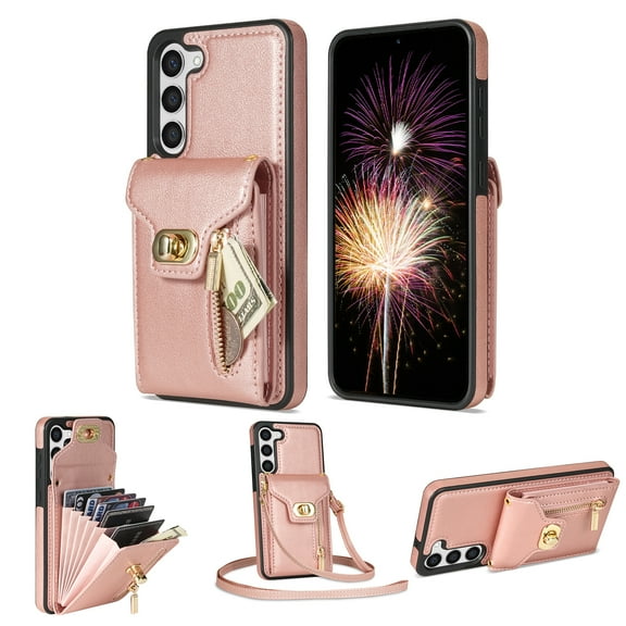 for Samsung Galaxy S22 Wallet Case, Samsung S22 Zipper Purse Crossbody Wallet Phone Case with Lanyard, Metal Buckle Closure PU Leather Card Holder Kickstand Flip Folio Protective Cover, Rosegold