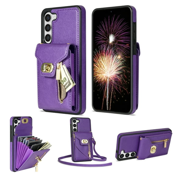 for Samsung Galaxy S22 Wallet Case, Samsung S22 Zipper Purse Crossbody Wallet Phone Case with Lanyard, Metal Buckle Closure PU Leather Card Holder Kickstand Flip Folio Protective Cover, Purple