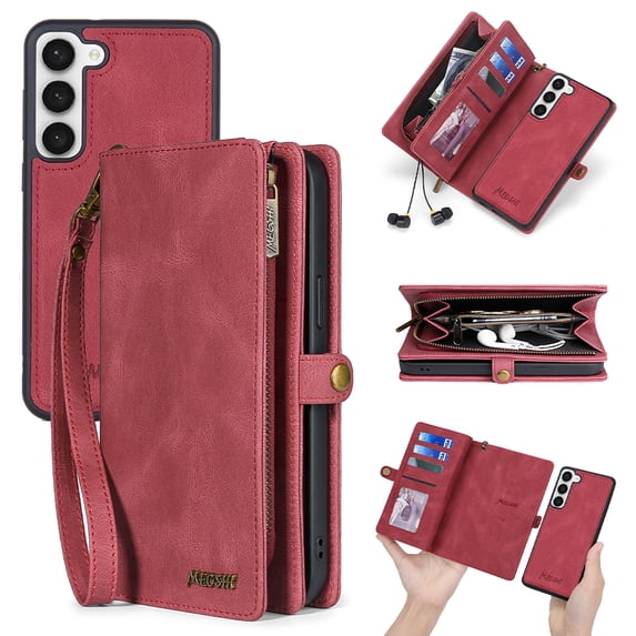 for Samsung Galaxy S22 Zipper Pocket Case with RFID Blocking Card Holder,Detachable Wallet Magnetic Multifunctional Phone Case Flip Kickstand PU Leather with Wrist Strap for Women/Men,Red