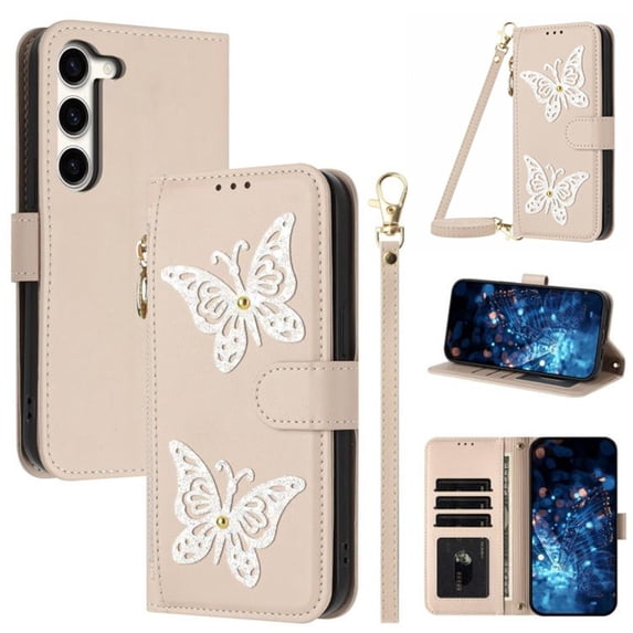 For Samsung Galaxy S23 5G 6.1-inch Wallet Case Glitter Butterfly Multi-Card Slots Zipper Wallet With Detachable Lanyard Shoulder Strap and Hand Strap Leather Phone Case,Apricot,For Galaxy S23 (5G)