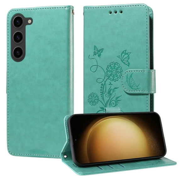 For Samsung Galaxy S23+ 5G 6.6 Inch Embossed Butterfly Flowers With Card Slots And A Cash Compartment Shockproof Kickstand Flip Leather Phone Case For Women,Green,For Galaxy S23+ 5G