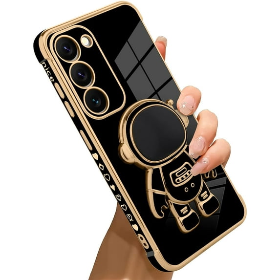 for Samsung Galaxy S23 5G Case Astronaut Plating Electroplate Luxury Elegant Case Camera Protector Kickstand Shockproof Protective Corner Back Cover Galaxy S23 5G Case -Black