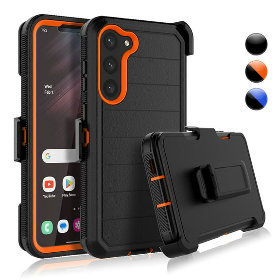Samsung Galaxy S23 5G Case with Belt-Clip Holster ,Njjex Heavy Duty Protective Drop Protection Shockproof Cover with screen protector - Black + Orange