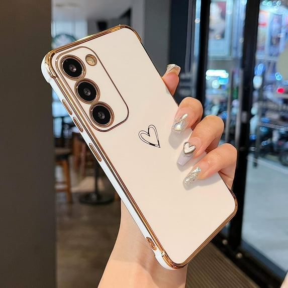 Samsung Galaxy S23 5G Case,Cute Plating Edge Love Hearts Pattern with Camera Lens Protection Phone Cover for Galaxy S23 6.1",White
