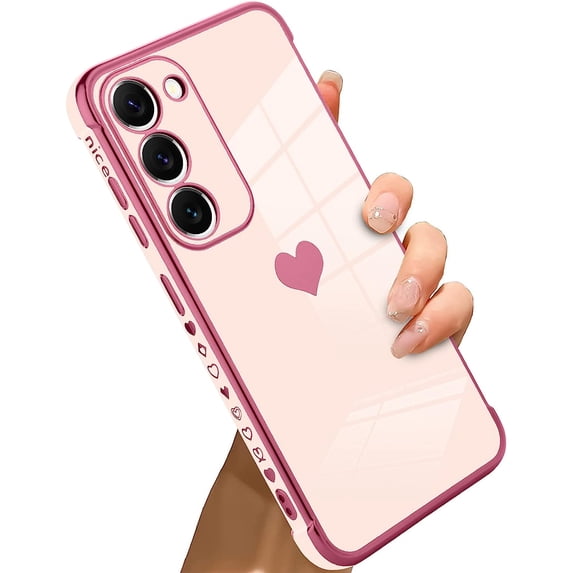 for Samsung Galaxy S23 5G Case Heart Plating Electroplate Luxury Elegant Case Camera Protector Soft TPU Shockproof Protective Corner Back Cover Galaxy S23 5G Case -Pink