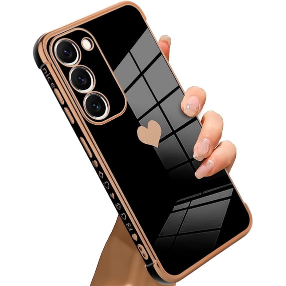 for Samsung Galaxy S23 5G Case Heart Plating Electroplate Luxury Elegant Case Camera Protector Soft TPU Shockproof Protective Corner Back Cover Galaxy S23 5G Case -Black