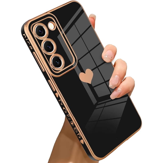 Samsung Galaxy S23 5G Case Love Heart 6D Plating Electroplate Luxury Elegant Case Camera Protector Soft TPU Shockproof Protective Corner Back Cover -Black