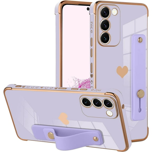 for Samsung Galaxy S23+ 5G Case Purple Love Hearts Design for Women Girl Men, Luxury Plating with Strap Stand Full Camera Lens Protection Bumper for Galaxy S23+ 5G