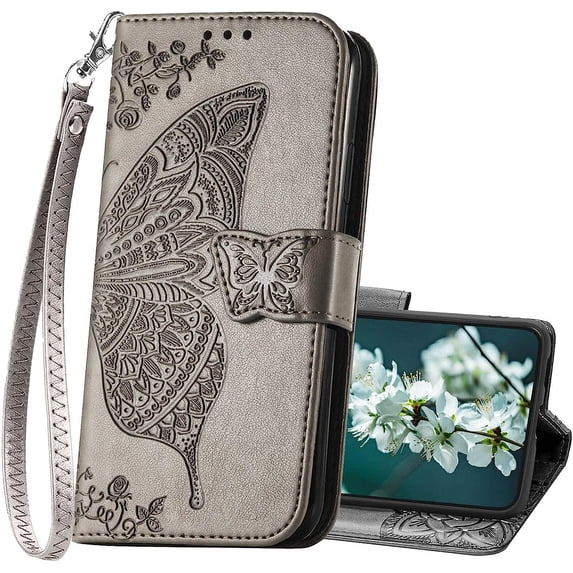 Designed for Samsung Galaxy S23 5G Case Wallet,Women Flip Folio Cover with Butterfly Embossed PU Leather Kickstand Credit Card Holders Slots Wrist Strap Phone Case for Samsung S23 5G 6.1" (Gray)