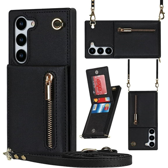 Samsung Galaxy S23 5G Cases with Card Holder for Women,Crossbody Phone Case for Samsung S23 with Strap,Leather PU Lanyard Magnetic Clasp Zipper Wallet Case with Kickstand,6.1" Black