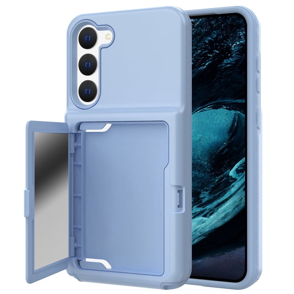 for Samsung Galaxy S23 Back Case with Credit Card Holder & Hidden Mirror, Two Layer Shockproof Heavy Duty Protection Cover Protective Anti-Scratch Silicone Hard PC Case - Blue