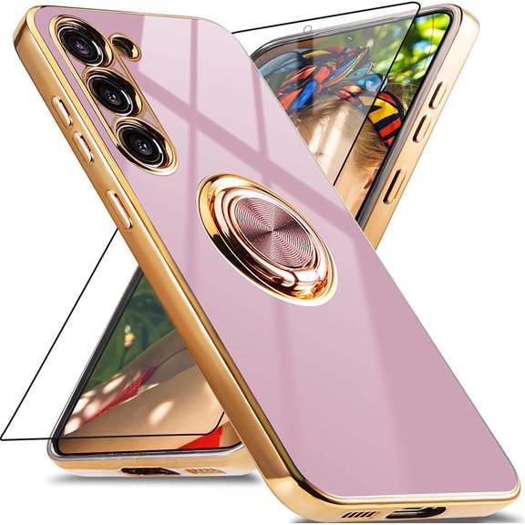 for Samsung Galaxy S23 Case with 1 Screen Protector, Built-in 360° Rotation Ring Holder Magnetic Stand, Luxury Shiny Plating Edge Shockproof Electroplated Protective Phone Cover (Purple/Golden)