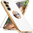 thumbnail image 1 of for Samsung Galaxy S23 Case with 1 Screen Protector, Built-in 360° Rotation Ring Holder Magnetic Stand, Luxury Shiny Plating Edge Shockproof Electroplated Protective Phone Cover (White/Golden), 1 of 14