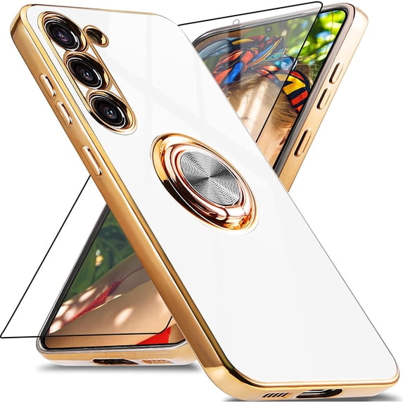 for Samsung Galaxy S23 Case with 1 Screen Protector, Built-in 360° Rotation Ring Holder Magnetic Stand, Luxury Shiny Plating Edge Shockproof Electroplated Protective Phone Cover (White/Golden)