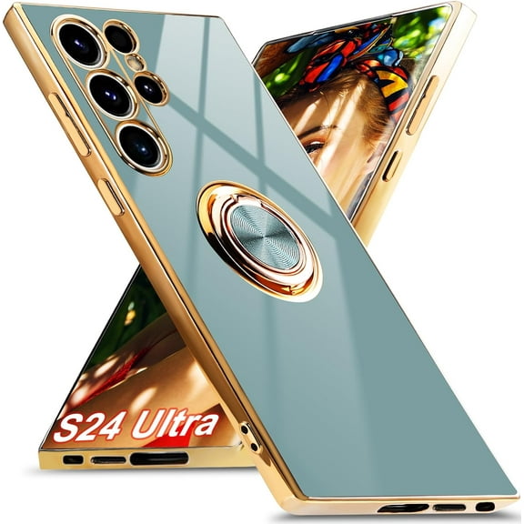 for Samsung Galaxy S23 Case with 1 Screen Protector, Built-in 360° Rotation Ring Holder Magnetic Stand, Luxury Shiny Plating Edge Shockproof Electroplated Protective Phone Cover (Black/Golden)