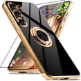 thumbnail image 1 of for Samsung Galaxy S23 Case with 1 Screen Protector, Built-in 360° Rotation Ring Holder Magnetic Stand, Luxury Shiny Plating Edge Shockproof Electroplated Protective Phone Cover (Black/Golden), 1 of 14