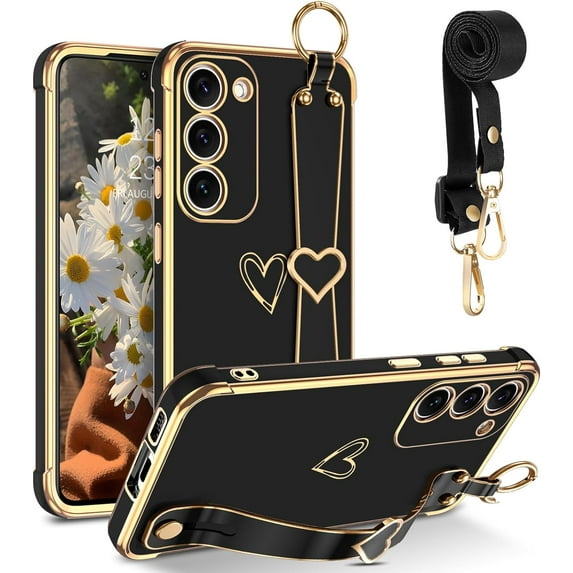 for Samsung Galaxy S23 Case 6.1", Cute Heart Wristband Lanyard Cross Body Strap Electroplated Camera Protection Shockproof Protective Case Women Girls for Samsung Galaxy S23 6.1"-Black.