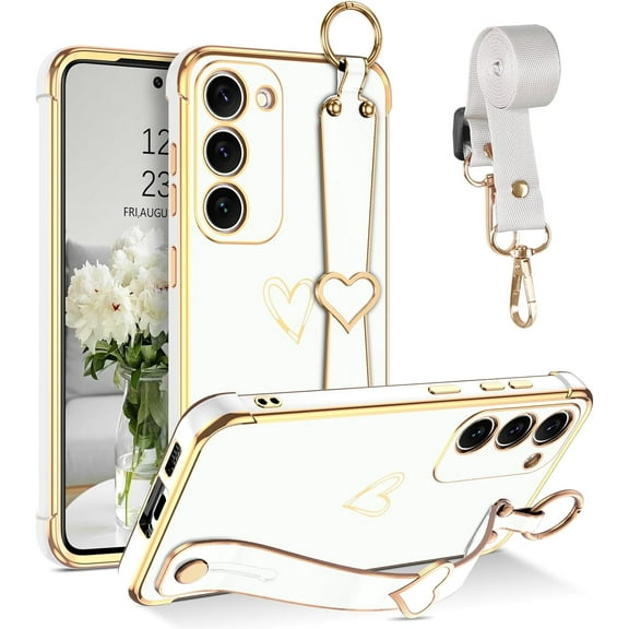 for Samsung Galaxy S23 Case 6.1", Cute Heart Wristband Lanyard Cross Body Strap Electroplated Camera Protection Shockproof Protective Case Women Girls for Samsung Galaxy S23 6.1"-White.