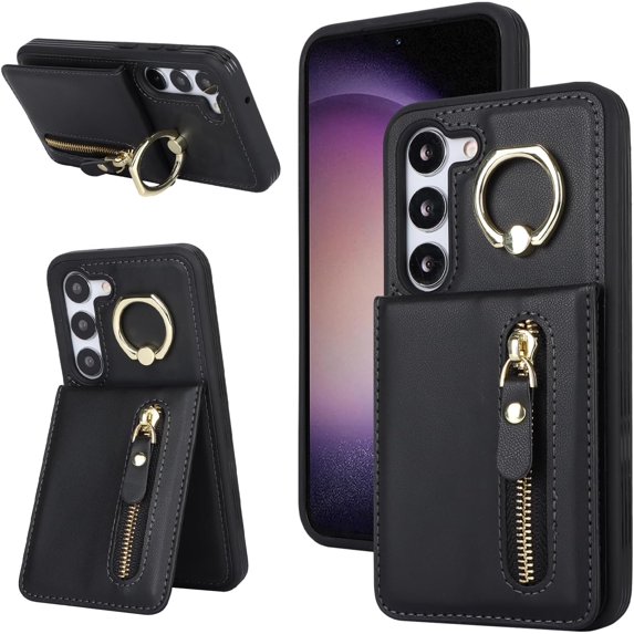 Samsung Galaxy S23 Case with Card Holder for Women, Samsung Galaxy S23 Phone Case Wallet with Credit Card with Ring Kickstand Zipper Slim Stand Case - Black