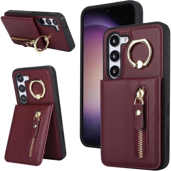 Samsung Galaxy S23 Case with Card Holder for Women, Samsung Galaxy S23 Phone Case Wallet with Credit Card with Ring Kickstand Zipper Slim Stand Case - Red Wine