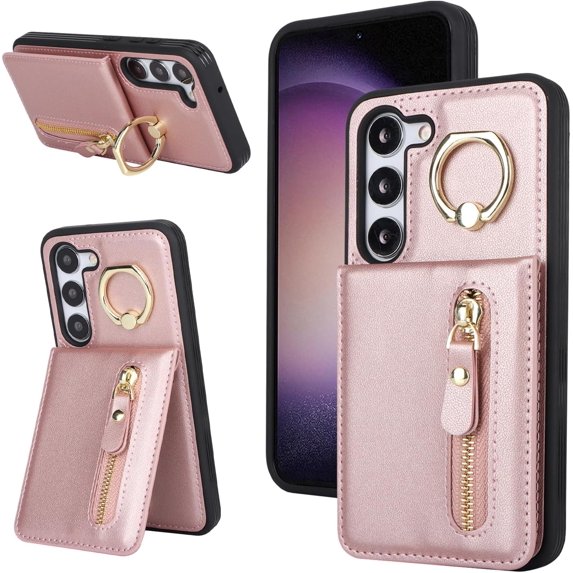 Samsung Galaxy S23 Case with Card Holder for Women, Samsung Galaxy S23 Phone Case Wallet with Credit Card with Ring Kickstand Zipper Slim Stand Case - Rose Gold