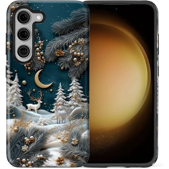 for Samsung Galaxy S23 Case, Dual-Layer Hard Shell, Silicone Phone Cover, Full Body Protection Shockproof Case for Samsung Galaxy S23-Winter Snowy Forest Reindeer