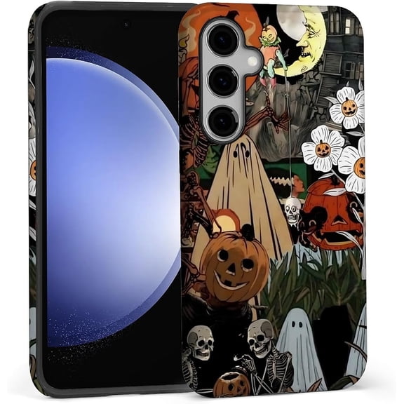 for Samsung Galaxy S23 Case,Dual-Layer TPU Silicone + PC Hard,Shockproof and Scratch-Resistant Phone Case Halloween Pumpkin Skeleton Ghost Flower Collage