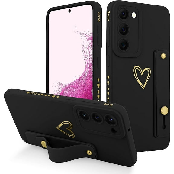 for Samsung Galaxy S23 Case with Phone Stand Holder Cute Love Hearts Protective Camera Protection Cover with Wrist Strap for Women Girls for Galaxy S23 -Black