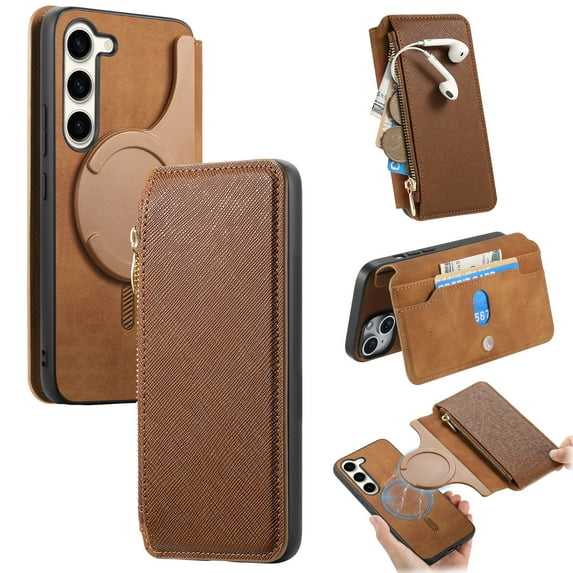 For Samsung Galaxy S23 Case with RFID Blocking Card Holder for Women Men,Compatible with MagSafe,Detachable Wallet 2 in 1 PU Leather Magnetic Snap Flip Kickstand Zipper Pouch Phone Case,Brown
