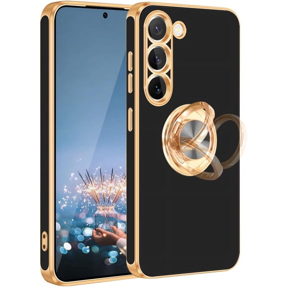 for Samsung Galaxy S23 Case with Ring Stand, [360° Rotatable Ring Holder Magnetic Kickstand] [Shiny Plating Gold Edge] Slim Soft TPU Shockproof Protective Cover Case for Women Men, Black