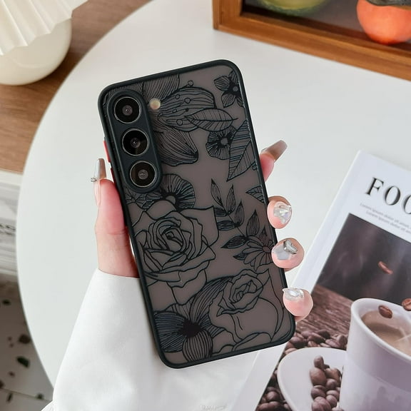 for Samsung Galaxy S23 Case Rose Design Case Cover Floral Phone Case for Girls Women Pattern Printed Slim Translucent Matte TPU Bumper Case Shockproof Protective Case, Black