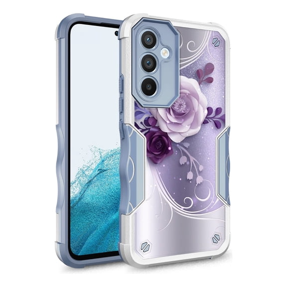 Samsung Galaxy S23 Case, Rosebono Hybrid Dual Layer Graphic Design Pattern Heavy Duty Protection Case For Samsung Galaxy S23 (Purple Flower)